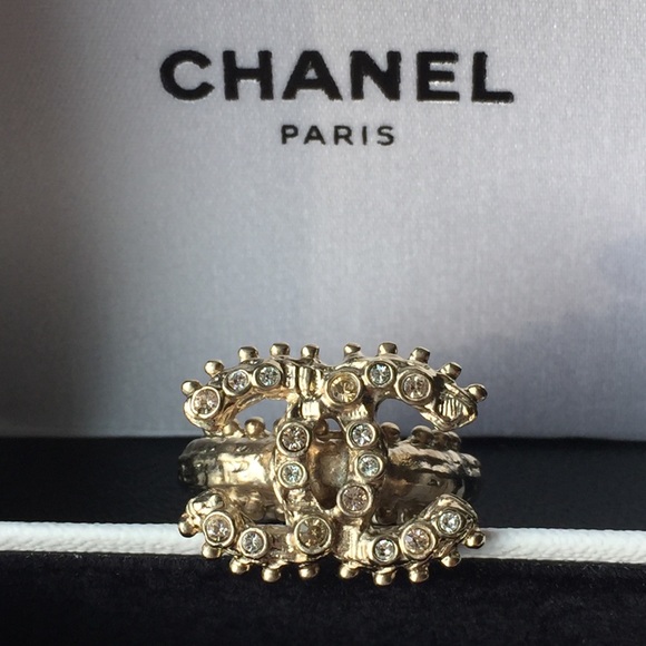 Chanel Ring Size 52 Brand New Full Set Champagne Gold Color With Crystals - Picture 1 of 16